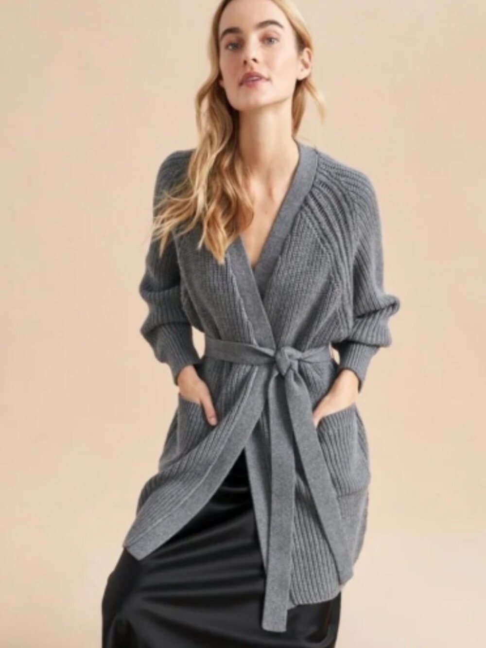 LA LIGNE Merino Wool Blend Ribbed Belted Oversized Grey Cardigan Size (XS)